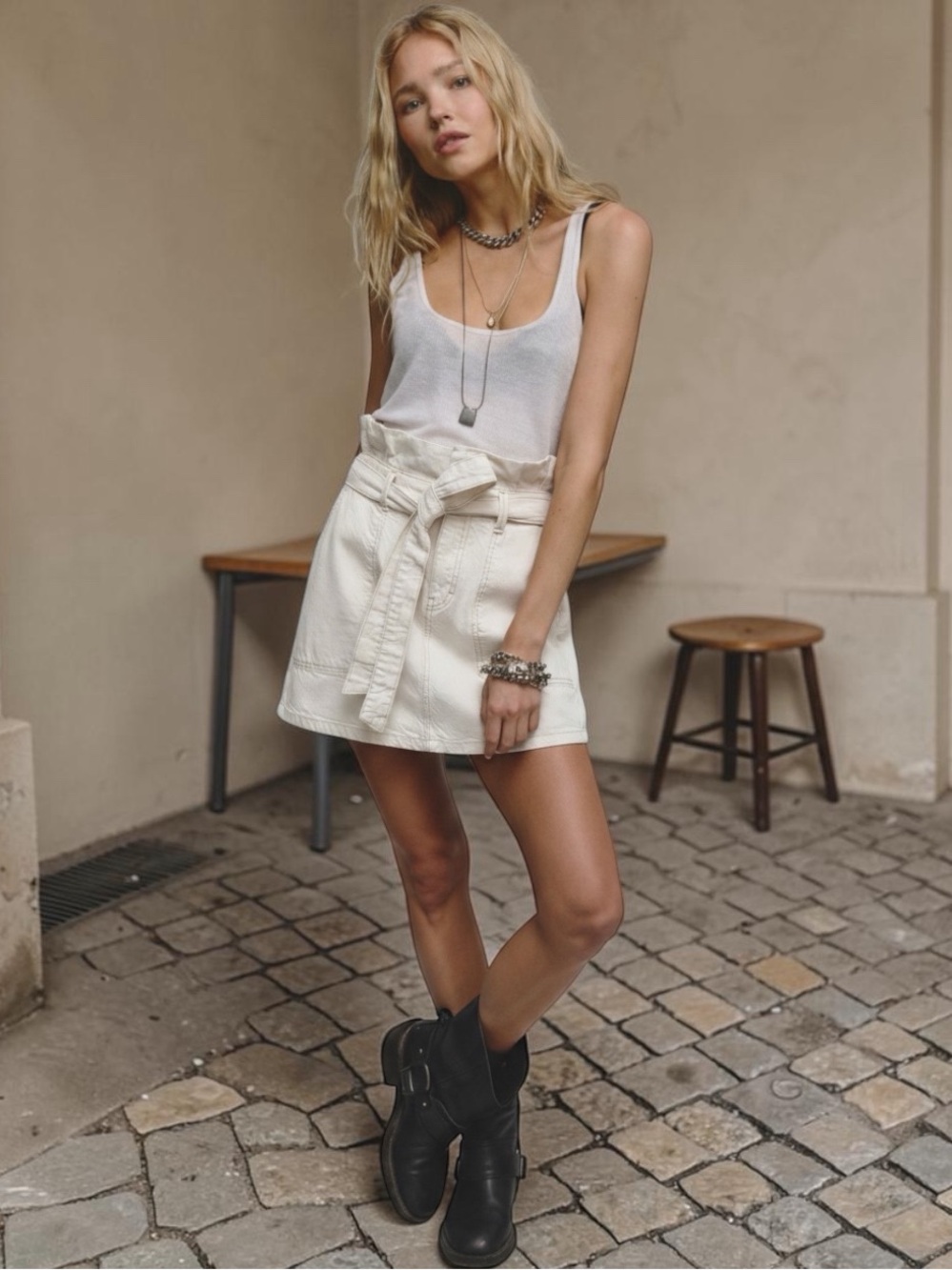 Free People Ivory Denim Paperbag Waist Belted Mini Skirt